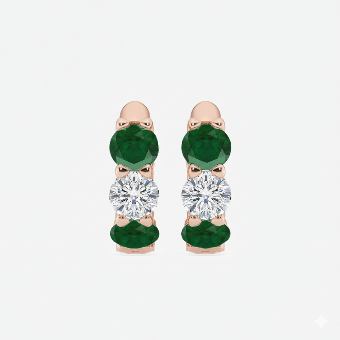 Rose Gold Round Green Emerald Natural Diamond Earrings