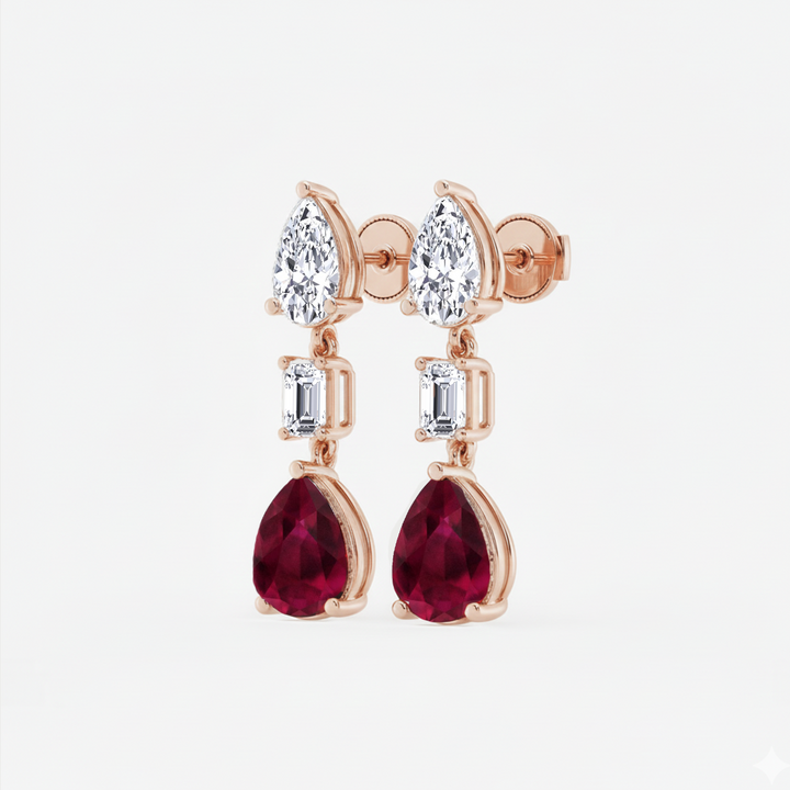 Rose Gold Pear Shape Ruby Natural Diamond Drop Earring side view