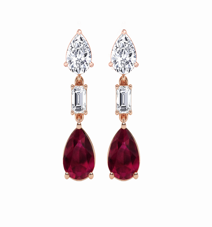 Pear Cut Red Ruby & Natural Diamond With Emerald Cut Diamond Halo Drop Earrings
