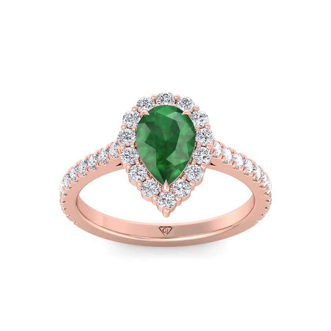 Natural Pear Shape Green Emerald Halo Engagement Ring With Pave Band