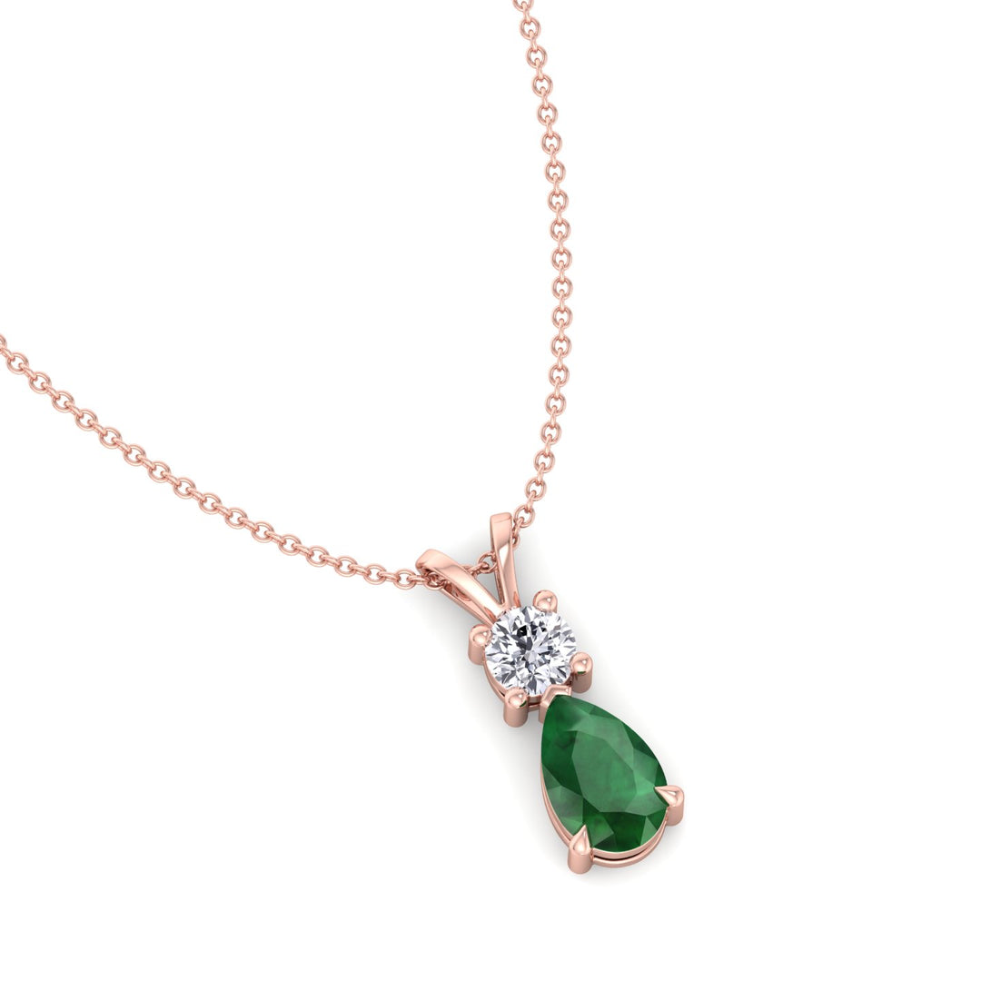 Natural Pear Shape Green Emerald & Round Shape Diamond Teardrop Pendant Necklace