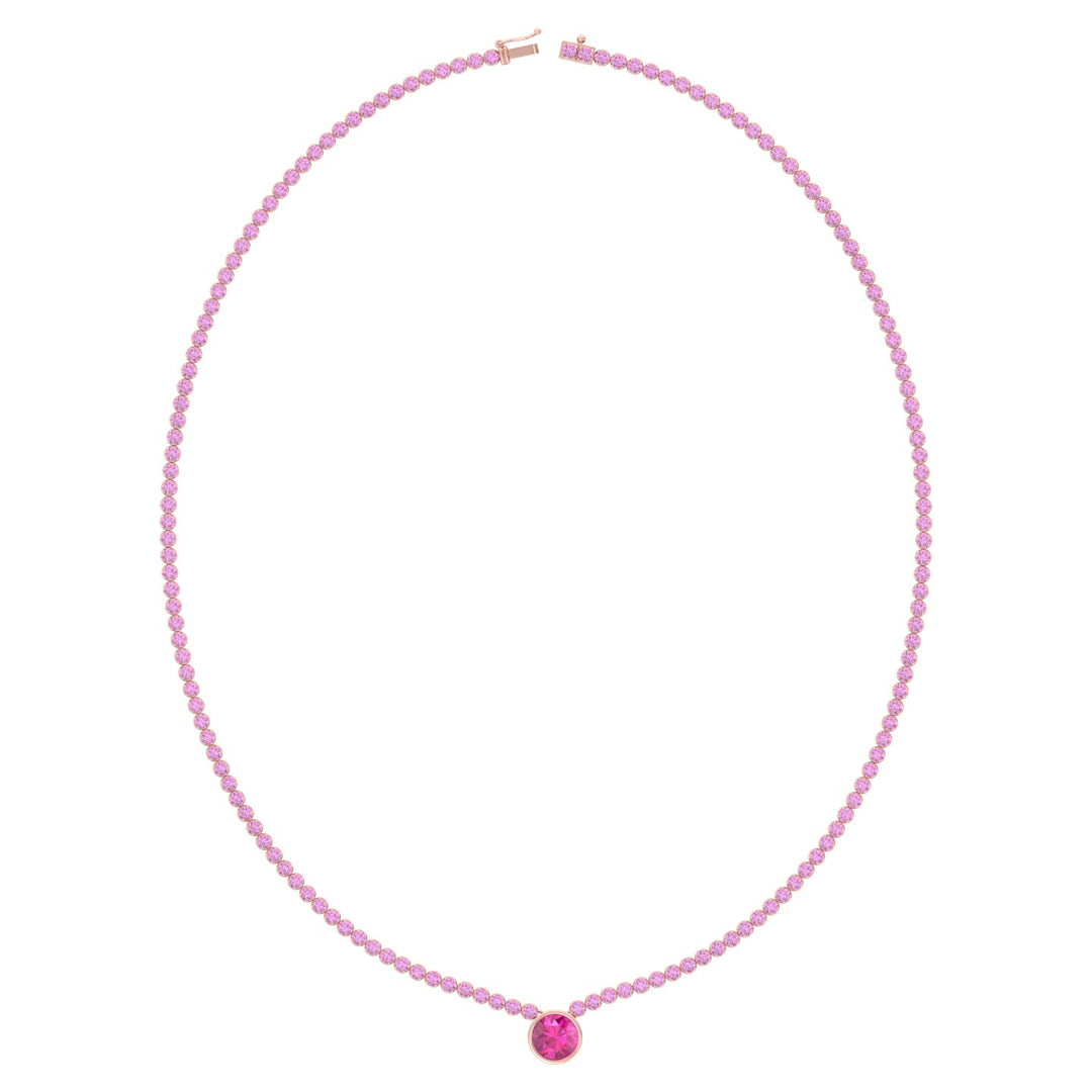 9.5CT T.W Round Cut Crown Prong Natural Pink Sapphire Tennis Necklace with Round Bezel Pendant