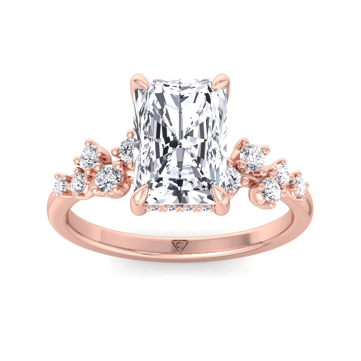 Carmela - Radiant Shape Hidden Halo Diamond Engagement Ring With Clustered Side Stones - Gem Jewelers Co