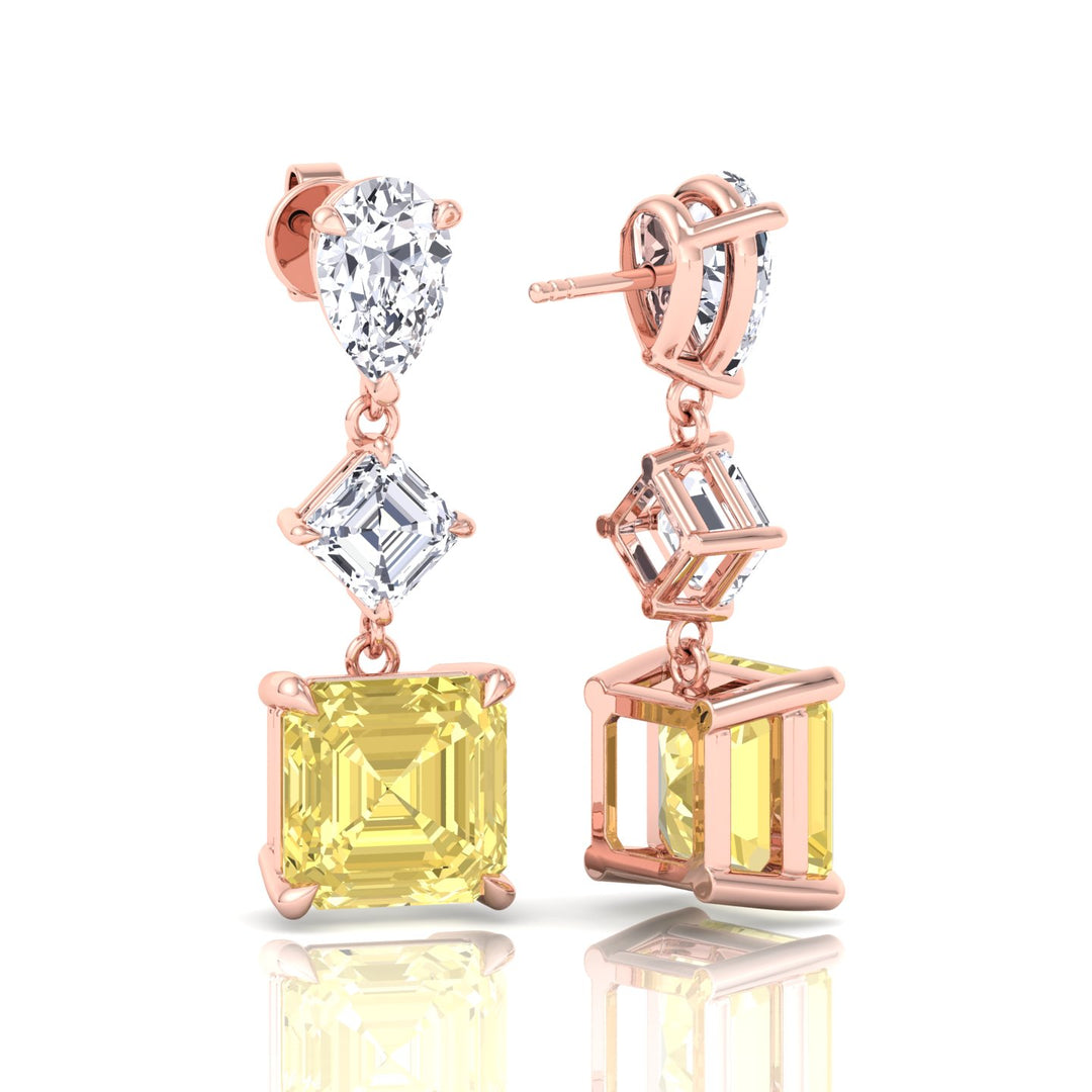 Pear & Asscher Cut Natural Diamond & Fancy Yellow Diamond Drop Earrings