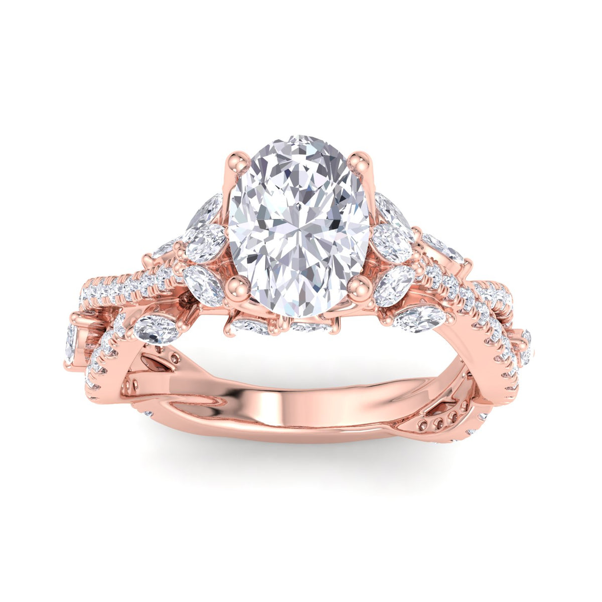 Fiorella - Oval Shape Diamond Engagement Ring with Marquise Shape Side stones and Twisted Pave Band - Gem Jewelers Co