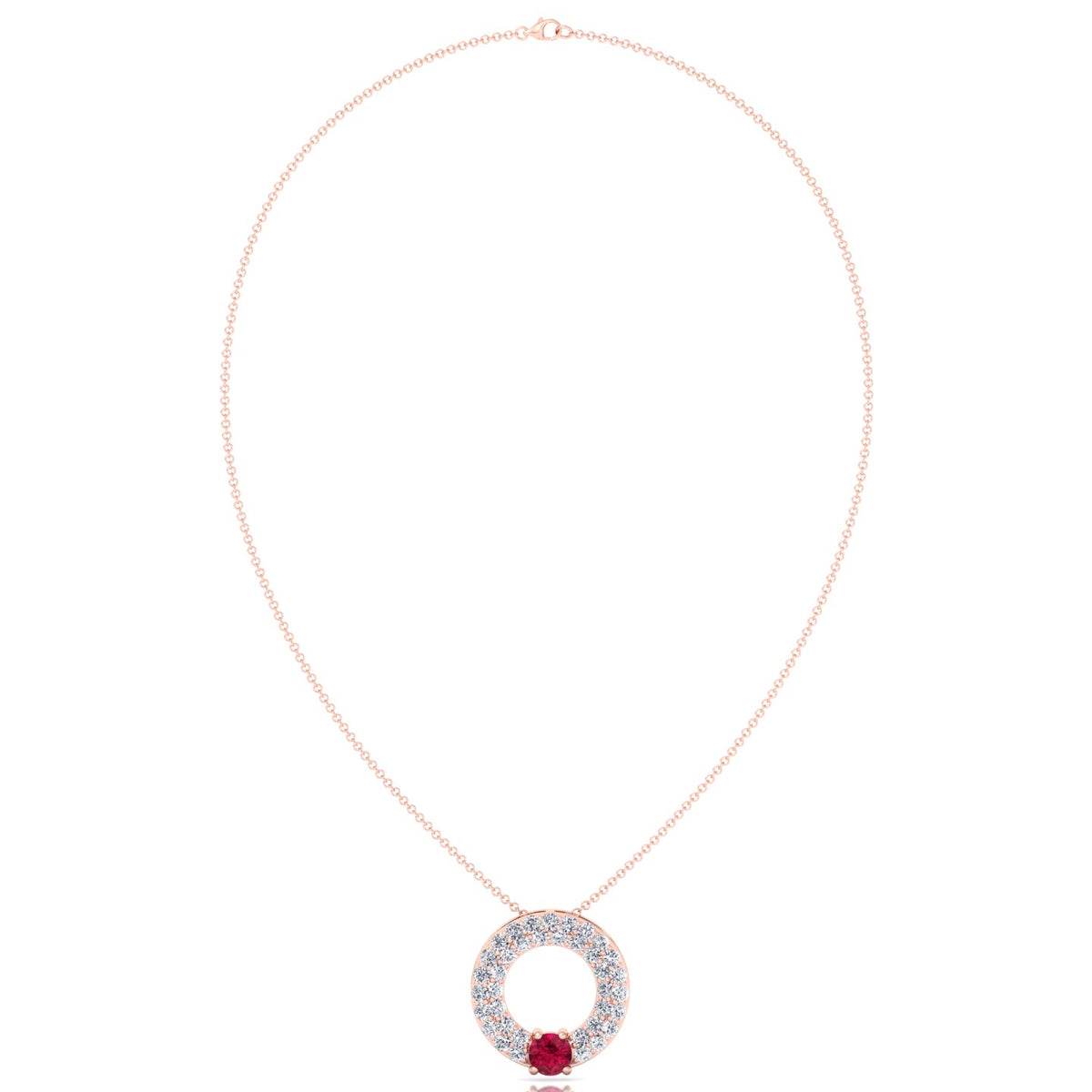 Round Shape Natural Diamond & Red Ruby Open Circle Pendant-1.25CT-Rose Gold