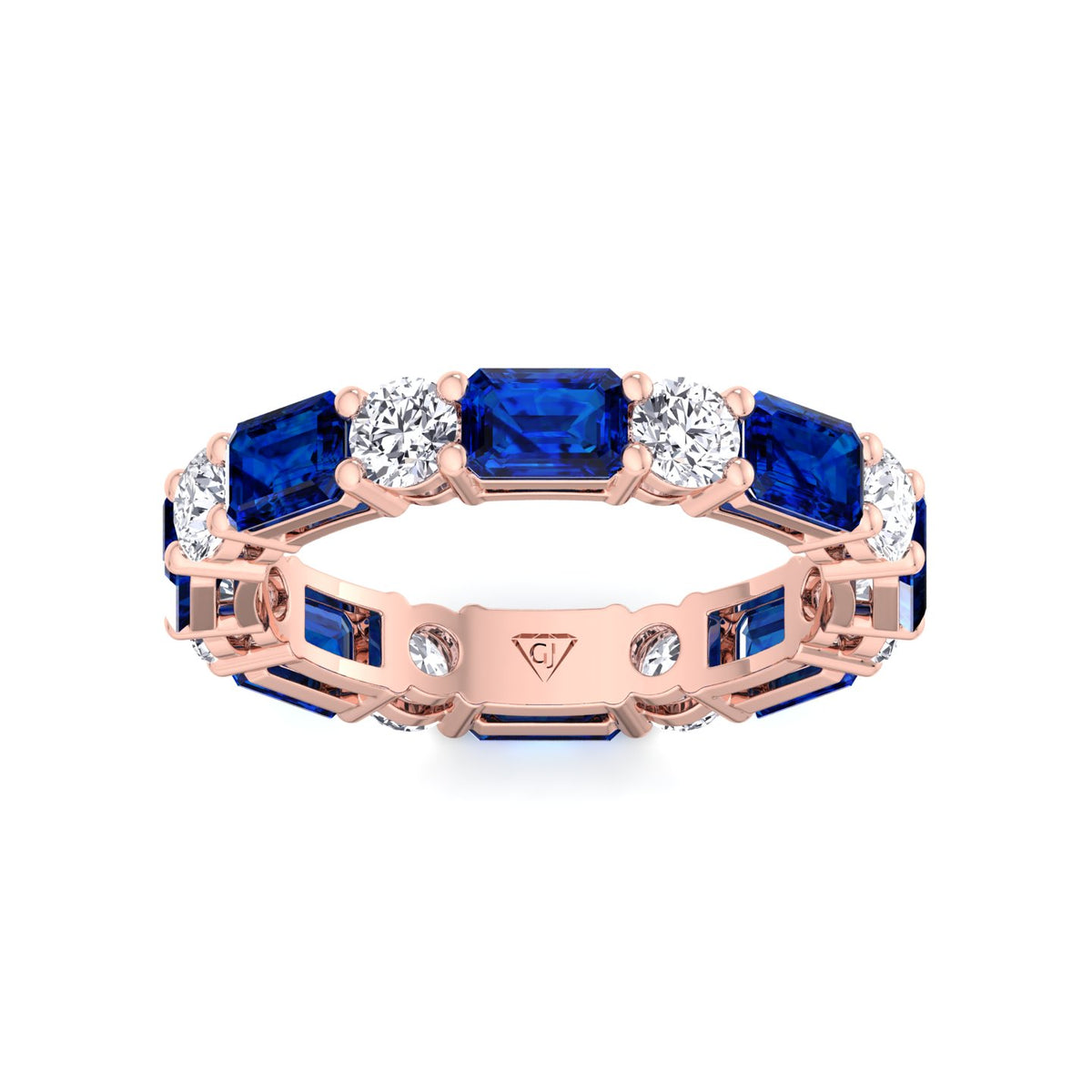 Alternating Natural Emerald Shape Blue Sapphire and Round Shape Diamond Eternity Band Rose Gold 18K