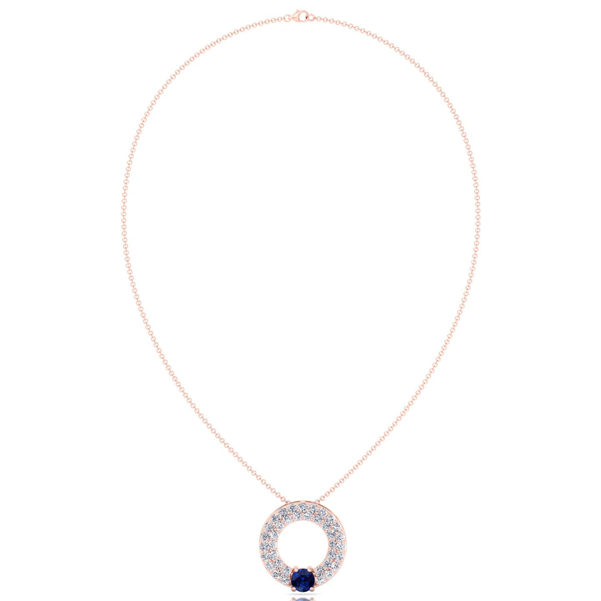 Round Shape Natural Diamond & Blue Sapphire Open Circle Pendant-1.25CT-18K-Rose Gold