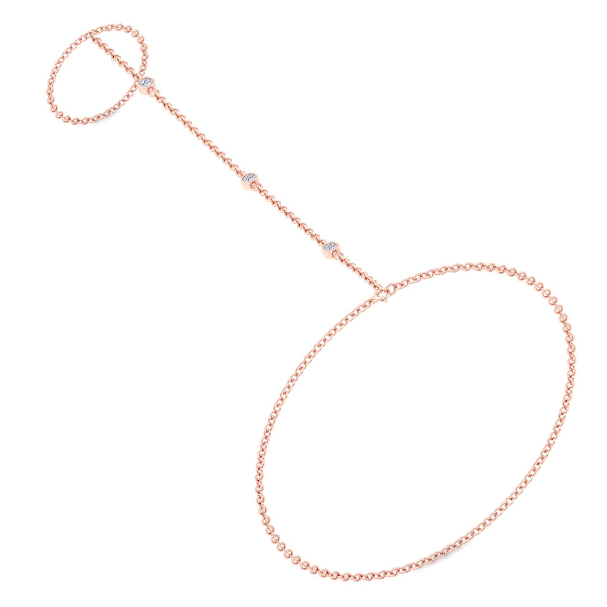 Bezel Set Round Shape Natural Diamond Hand Ring Chain Rose Gold 14K 