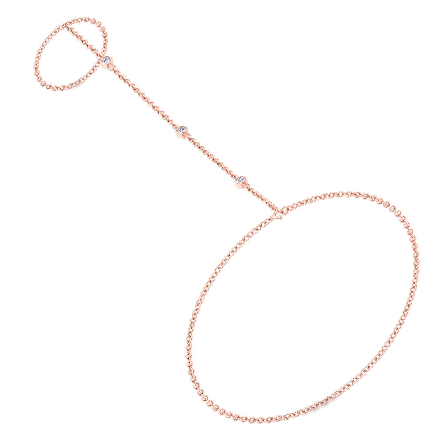 Bezel Set Round Shape Natural Diamond Hand Ring Chain Rose Gold 14K 