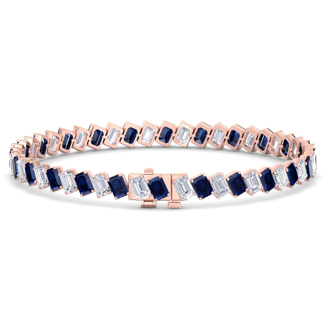 Alternating Emerald Shape Natural Blue Sapphire & Natural Diamond Diagonal Tennis Bracelet 18K Solid Gold