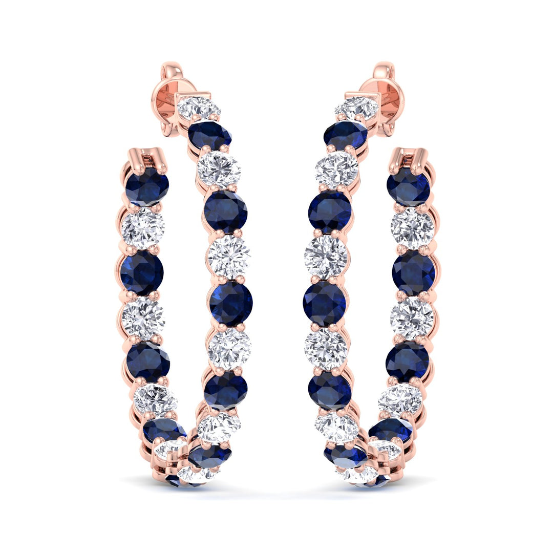 Alternating Natural Blue Sapphire and Diamond Inside Out Hoop Earrings Rose Gold 14K 18K