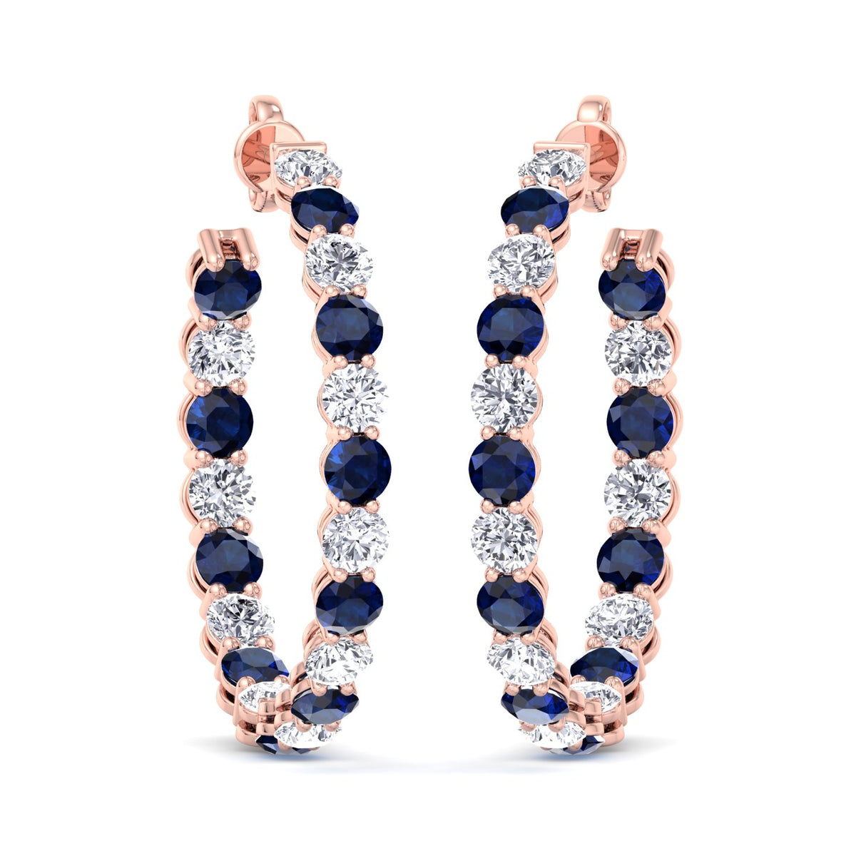 Alternating Natural Blue Sapphire and Diamond Inside Out Hoop Earrings Rose Gold 14K 18K