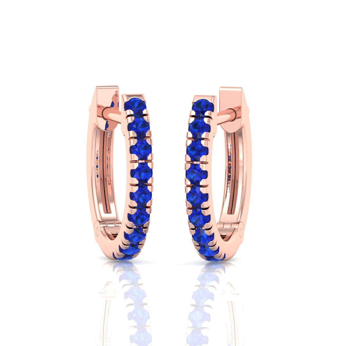 Natural Blue Sapphire Round Shape Huggie Hoop Earrings Rose Gold 14K