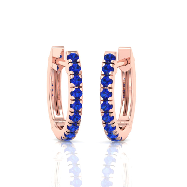 Natural Blue Sapphire Round Shape Huggie Hoop Earrings Rose Gold 14K