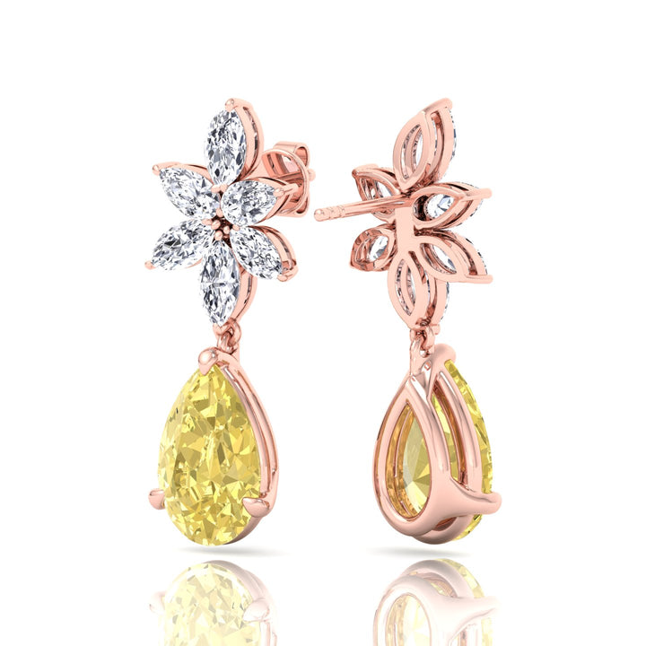 Pear & Marquise Cut Natural Diamond & Fancy Yellow Diamond Cluster Drop Earrings