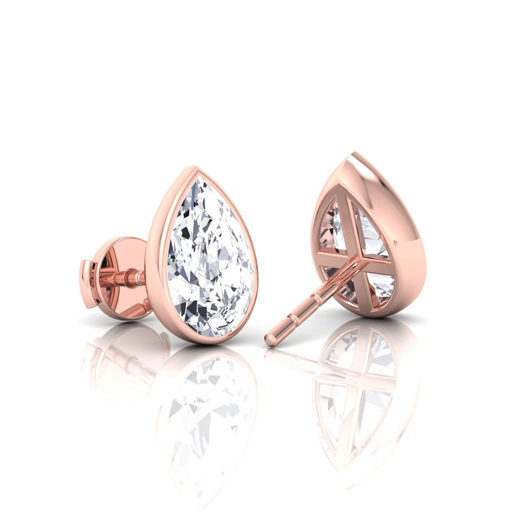 Bezel Set --Pear Shape Natural Diamond Studs-14K-18K-0.5CT-1CT-2CT-Rose Gold