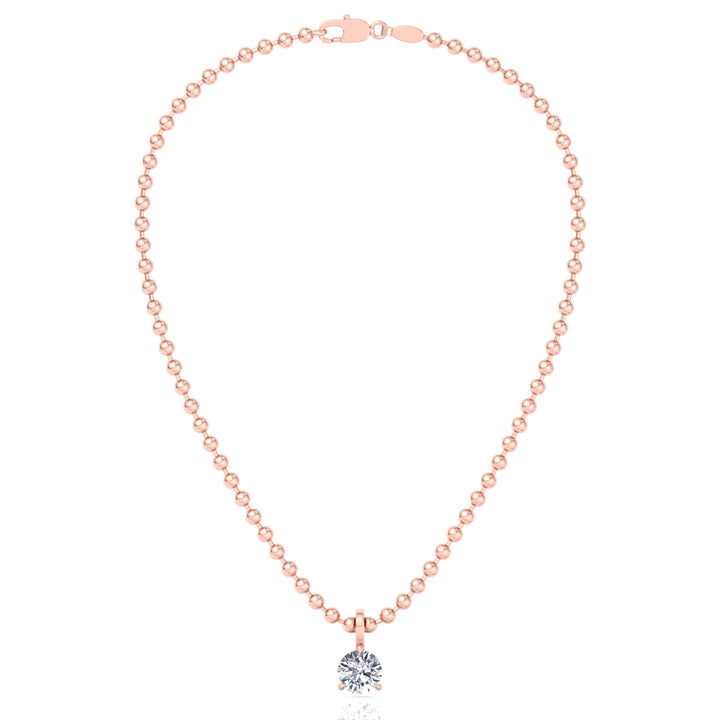 Natural Diamond Beaded Necklace with Round Pendant-14K-0.50CT-1CT-Rose Gold