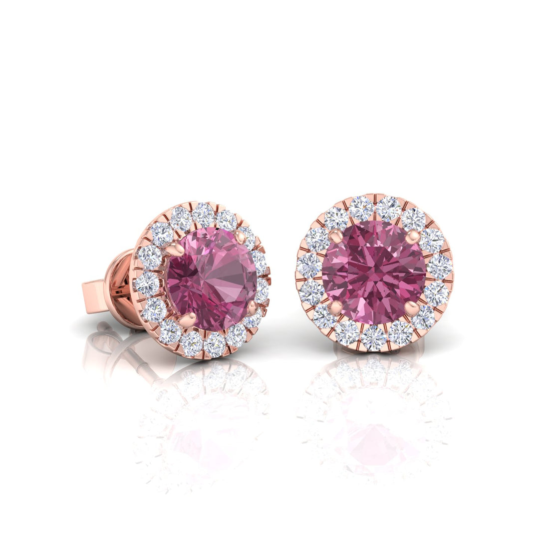 Round Shape Natural Pink Sapphire & Diamond Halo Studs