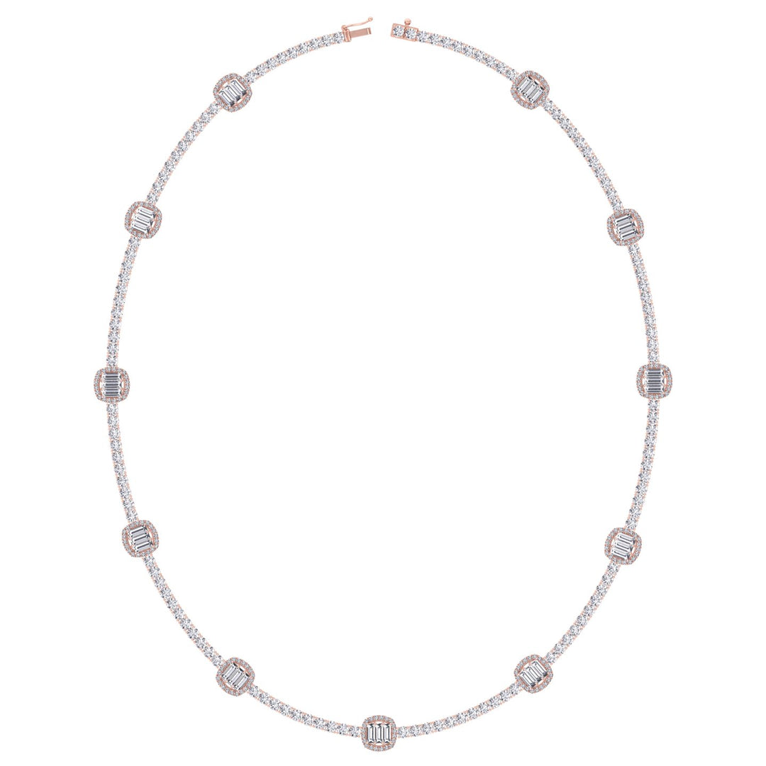 Emerald Shape Halo Station Natural Diamond Tennis Necklace in 14K Solid Gold Rose Gold 14K 18K