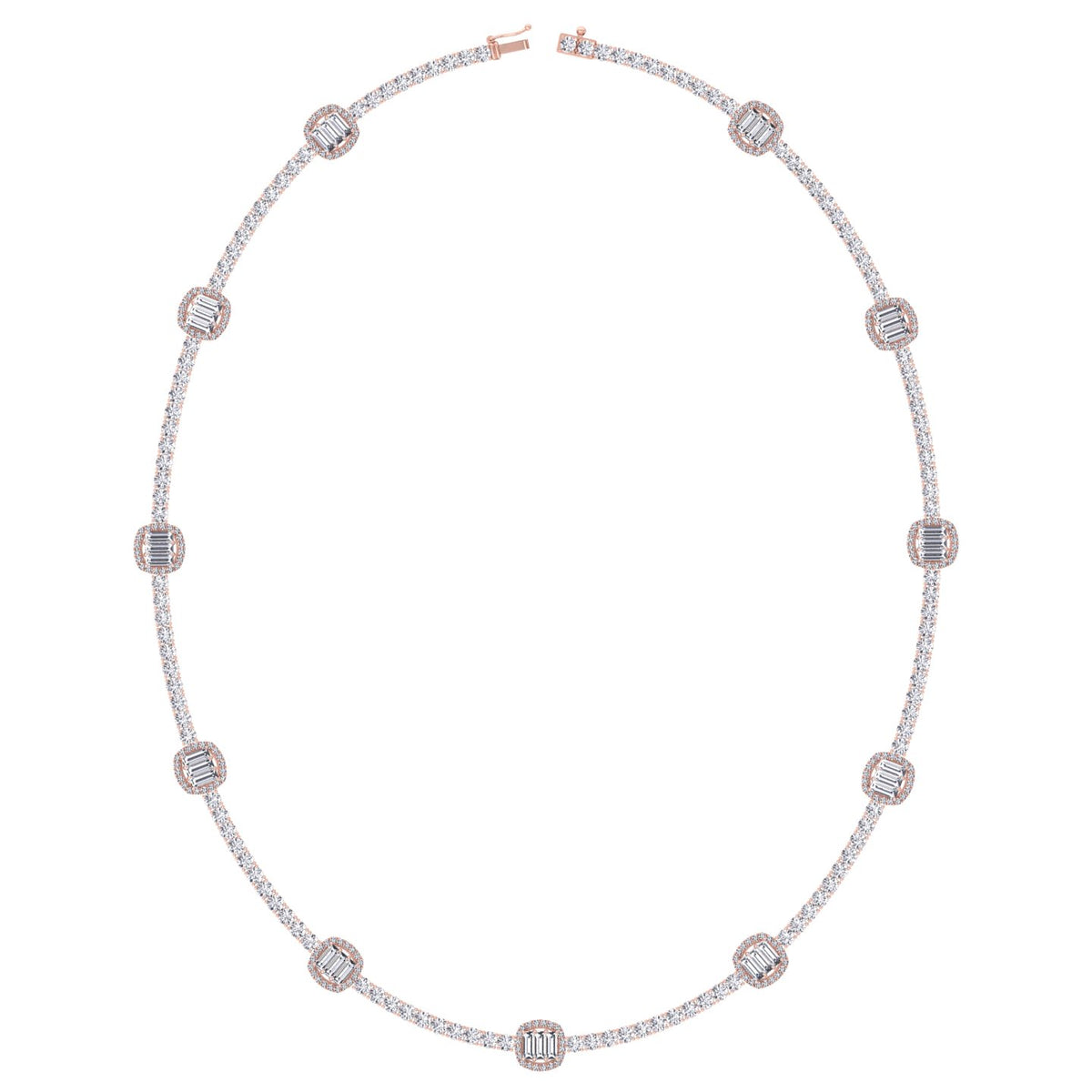 Emerald Shape Halo Station Natural Diamond Tennis Necklace in 14K Solid Gold Rose Gold 14K 18K