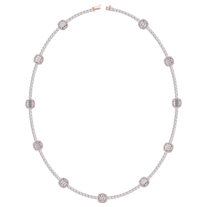Emerald Shape Halo Station Natural Diamond Tennis Necklace in 14K Solid Gold Rose Gold 14K 18K