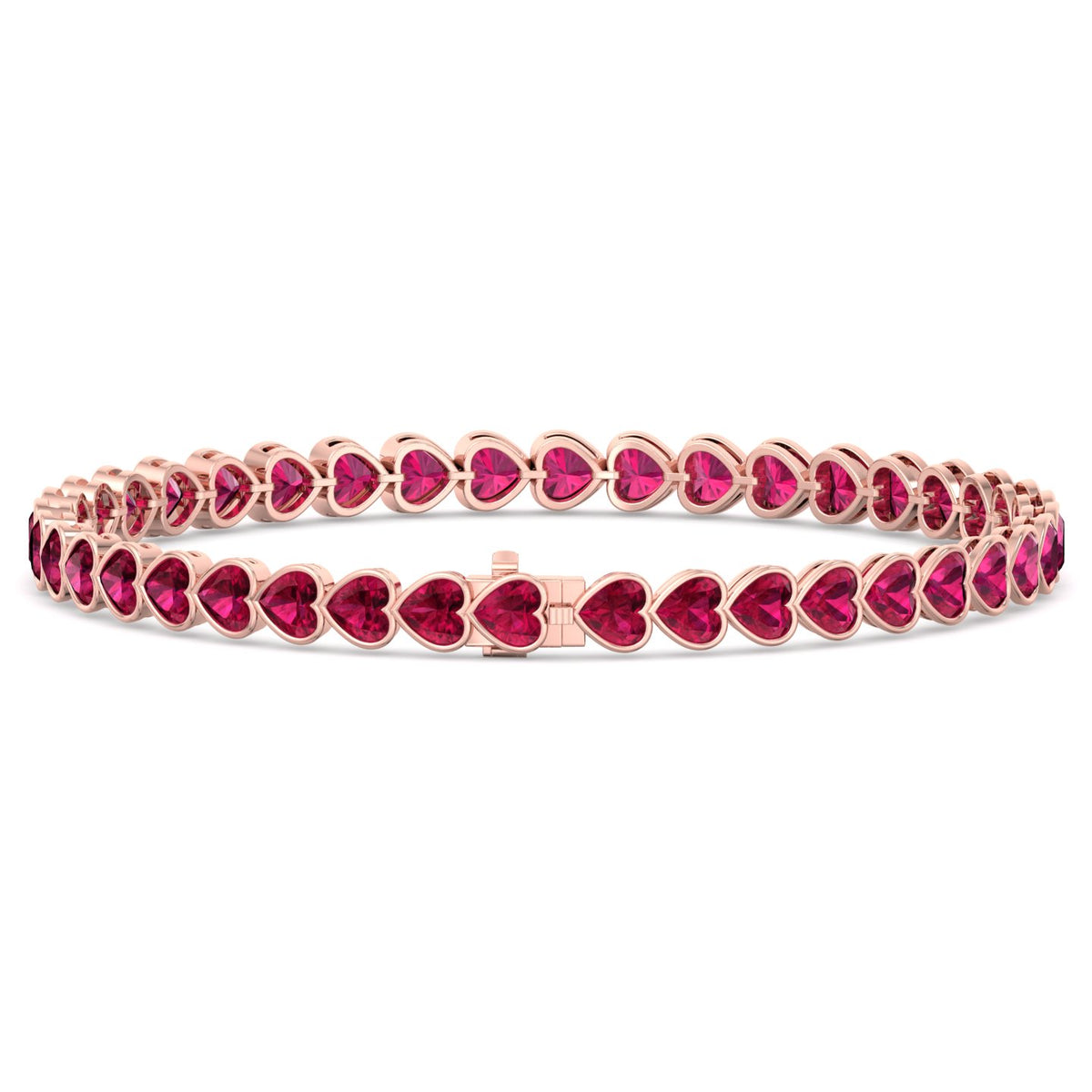 East to West Heart Shape Bezel Set Natural Red Ruby Tennis Bracelet Rose Gold 14K 18K