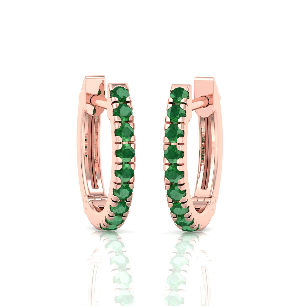 Natural Green Emerald Round Shape Huggie Hoop Earrings Rose Gold 14K