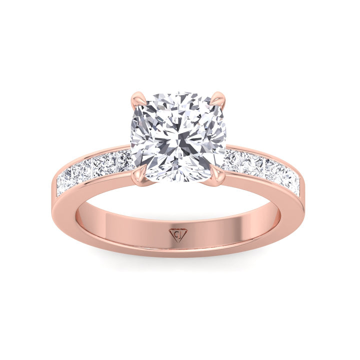 Evalina - Cushion Shape Diamond Engagement Ring with Princess Cut Side Stones