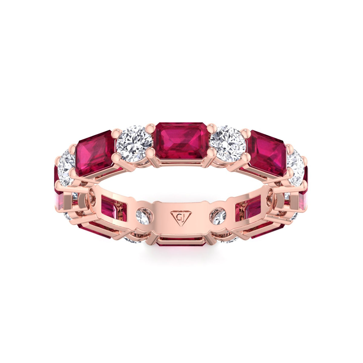 Alternating Natural Emerald Shape Red Ruby and Round Shape Diamond Eternity Band Rose Gold 18K