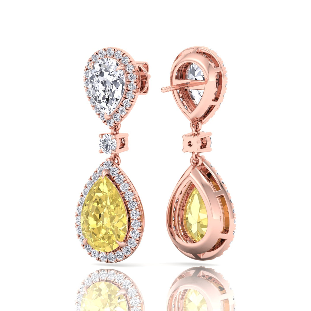 Pear & Round Cut Natural Diamond & Fancy Yellow Diamond Halo Drop Earrings