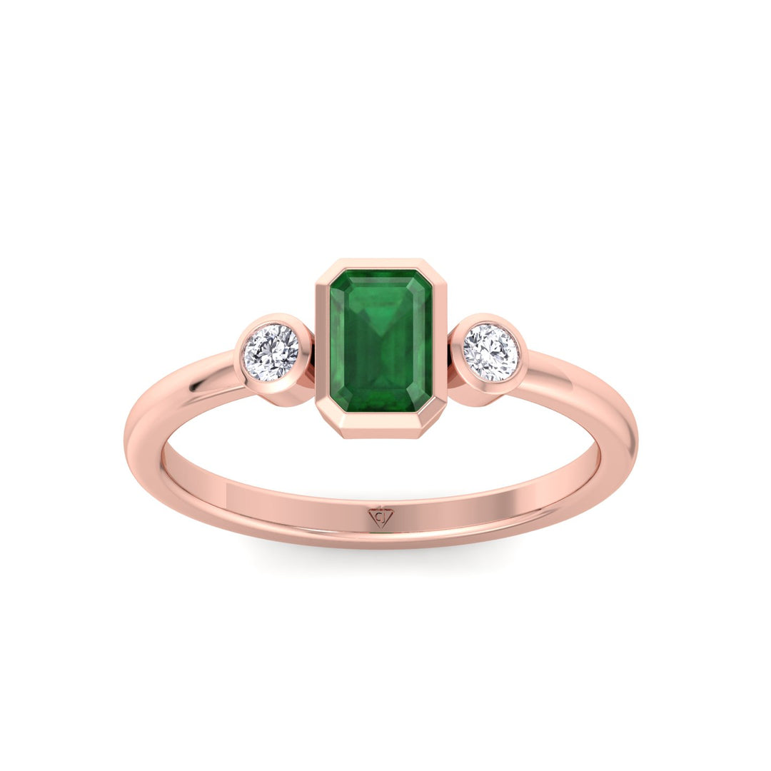 Bezel Set Three Stone Natural Green Emerald and Diamond Engagement Ring