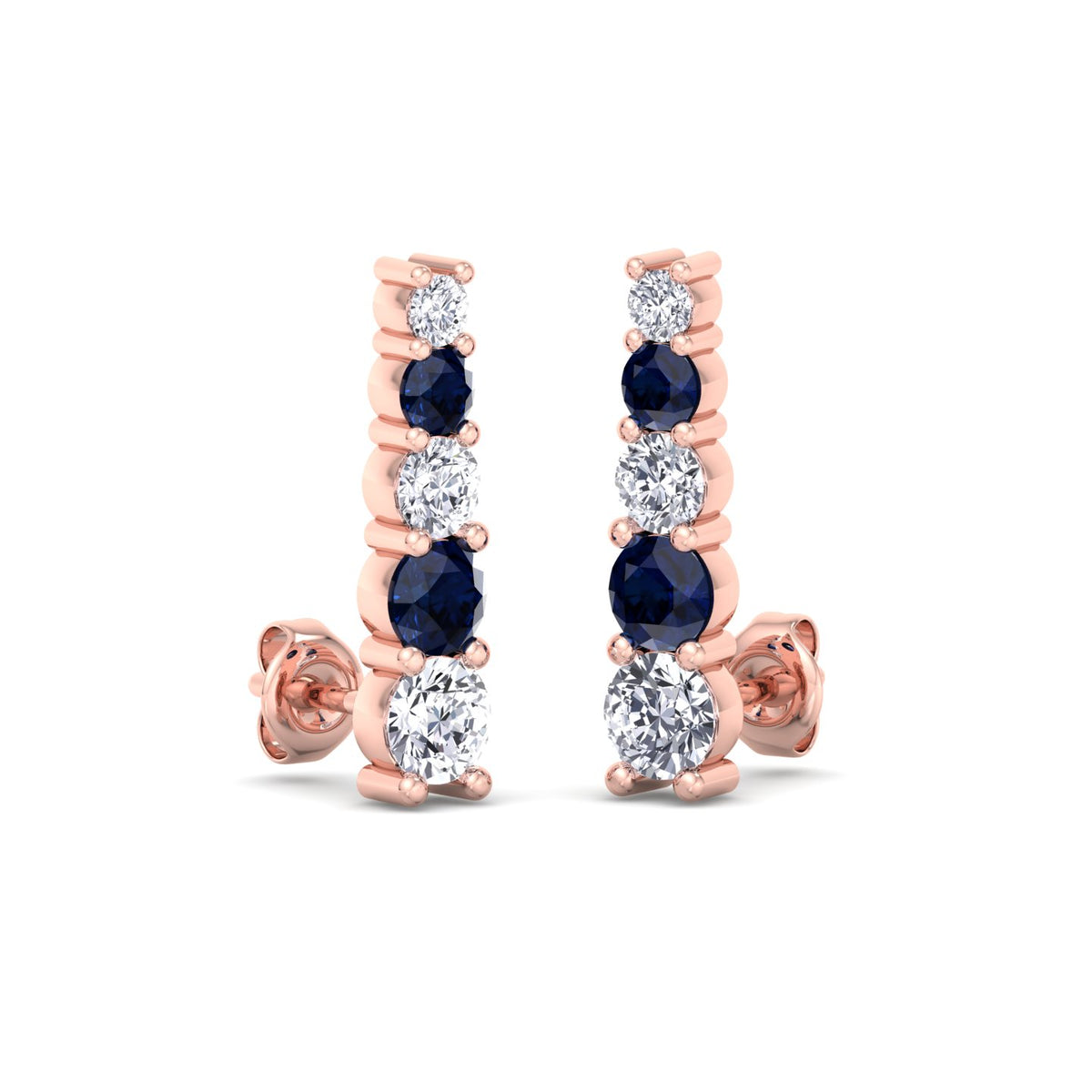 Graduated Natural Diamond and Blue Sapphire Climber Earrings-3CT-14K-18K-Rose Gold