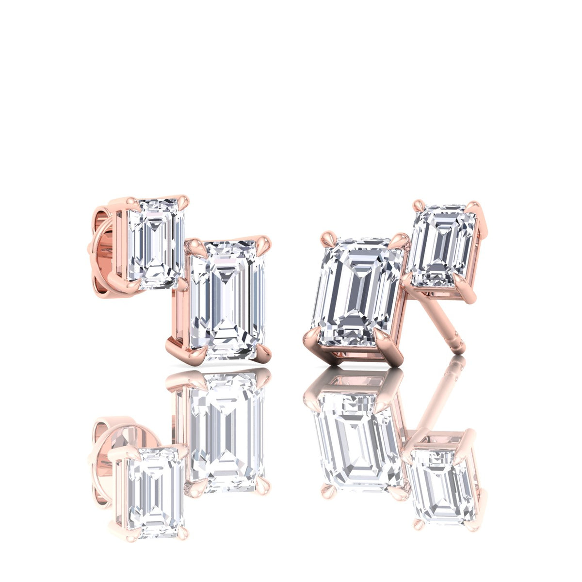 Double-Emerald-Shape Natural Diamond Studs-1.4CT-14K-18K-Rose Gold