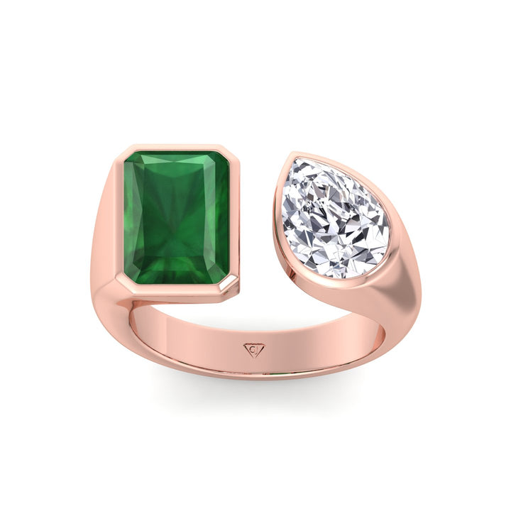 Pamina - Bezel Set Toi Et Moi Green Emerald and Pear Shape Diamond Open Ring