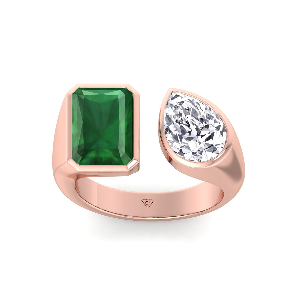 Pamina - Bezel Set Toi Et Moi Green Emerald and Pear Shape Diamond Open Ring - Gem Jewelers Co