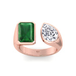 Pamina - Bezel Set Toi Et Moi Green Emerald and Pear Shape Diamond Open Ring - Gem Jewelers Co