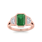 Bezel Set Natural Emerald Shape Green Emerald with Half Moon Diamond Sidestones Engagement Ring Rose Gold 14K 18K