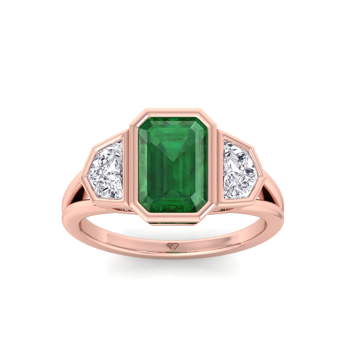 Bezel Set Natural Emerald Shape Green Emerald with Half Moon Diamond Sidestones Engagement Ring Rose Gold 14K 18K