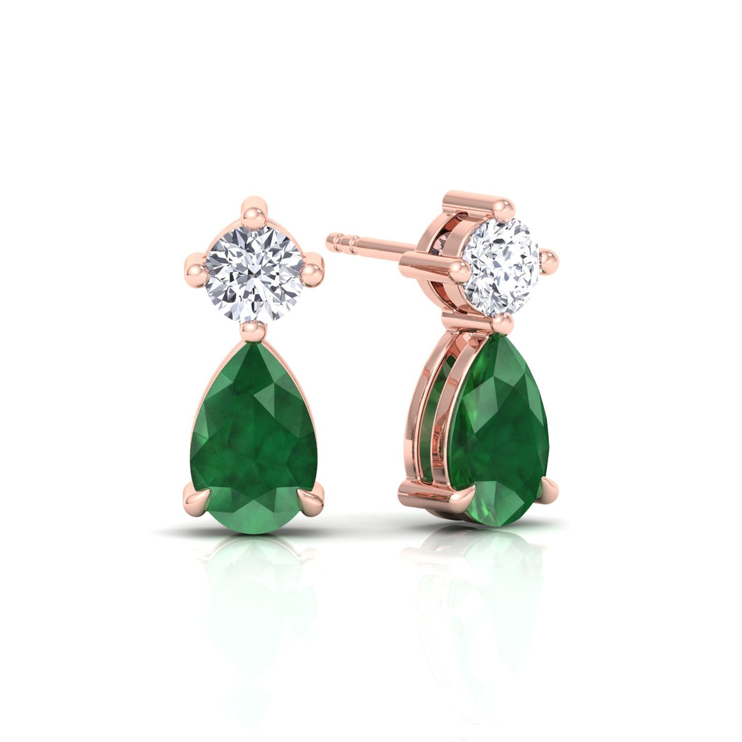 Natural Round Shape Diamond & Pear Shape Green Emerald Drop Earrings