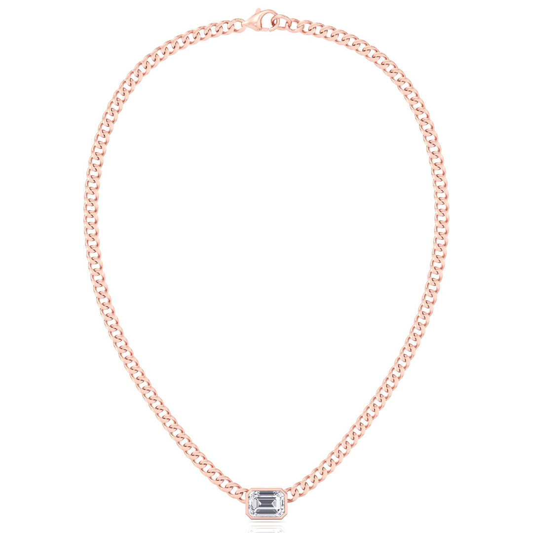 Bezel Set Emerald Cut Natural Diamond Cuban Chain Necklace Rose Gold 14K 18K
