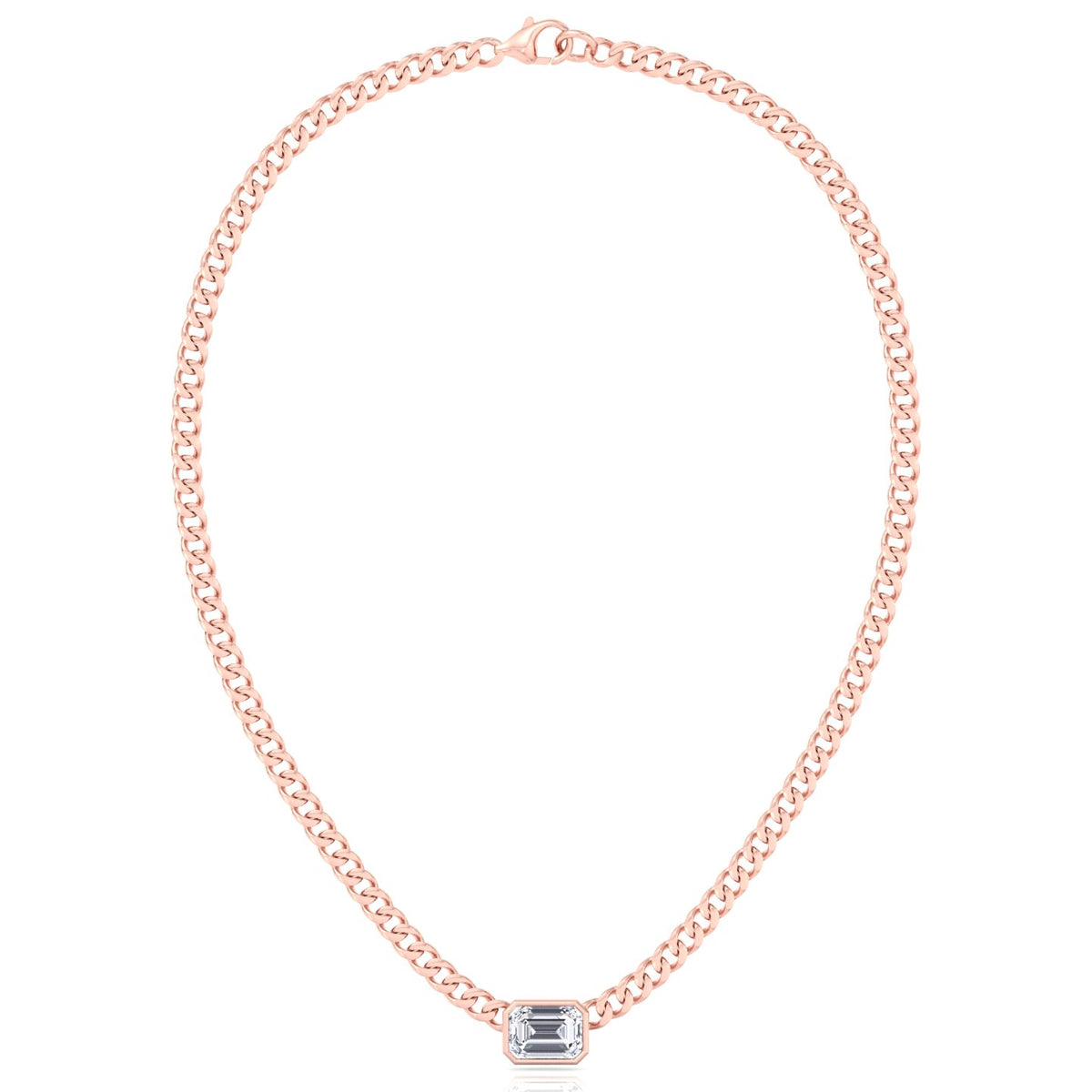Bezel Set Emerald Cut Natural Diamond Cuban Chain Necklace Rose Gold 14K 18K