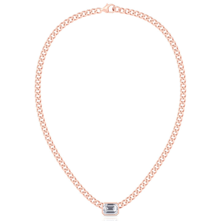 Bezel Set Emerald Cut Natural Diamond Cuban Chain Necklace Rose Gold 14K 18K