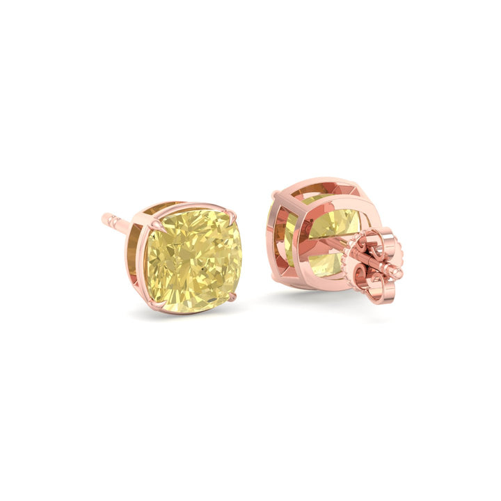Natural Fancy Yellow Cushion Cut Diamond Studs Rose Gold