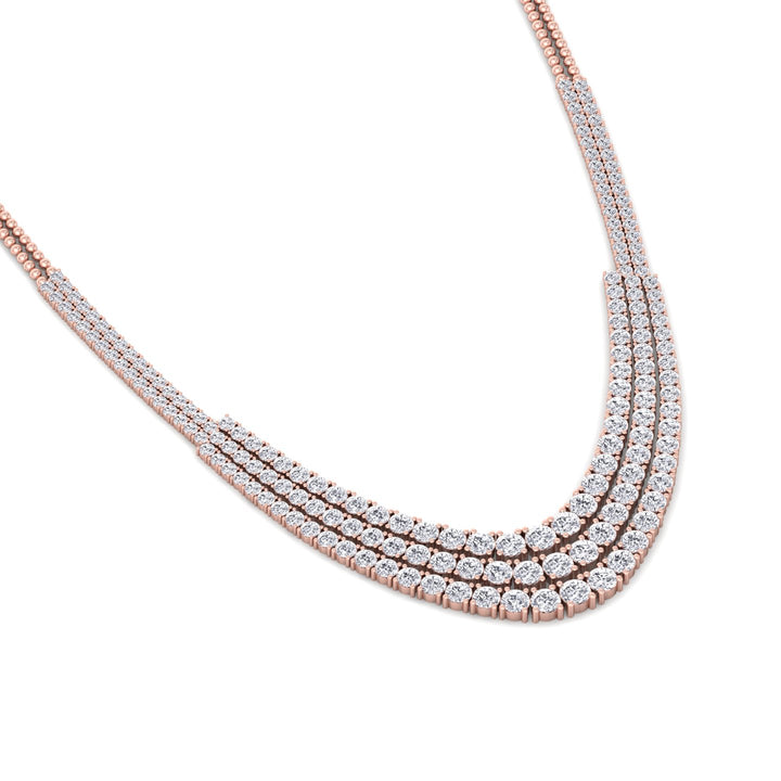 Triple Row Graduated Natural Diamond Tennis Necklace with 14K Solid Gold Chain