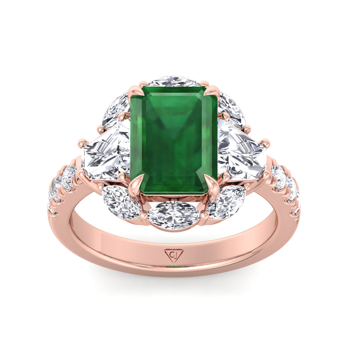 Anzola - Emerald Shape Green Emerald Engagement Ring with Marquise, Trapezoid, and Round Side Stones - Gem Jewelers Co