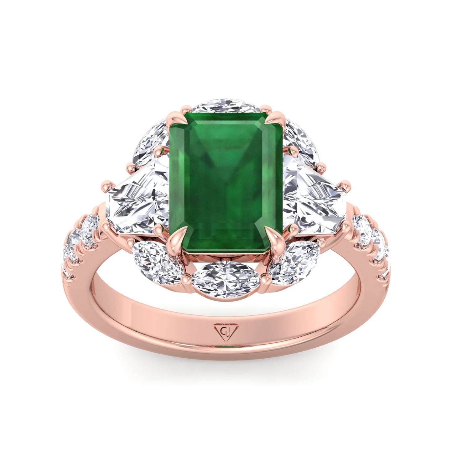 Anzola - Emerald Shape Green Emerald Engagement Ring with Marquise, Trapezoid, and Round Side Stones - Gem Jewelers Co