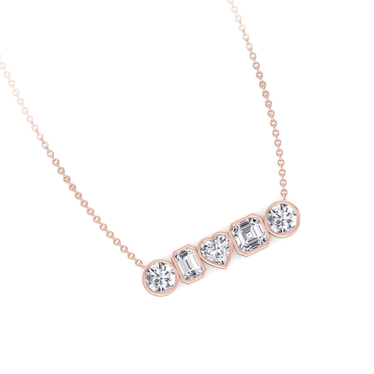Round-Emerald-Heart-Asscher-Cut-Diamond-in- Bezel-Setting-14K-rose-Gold