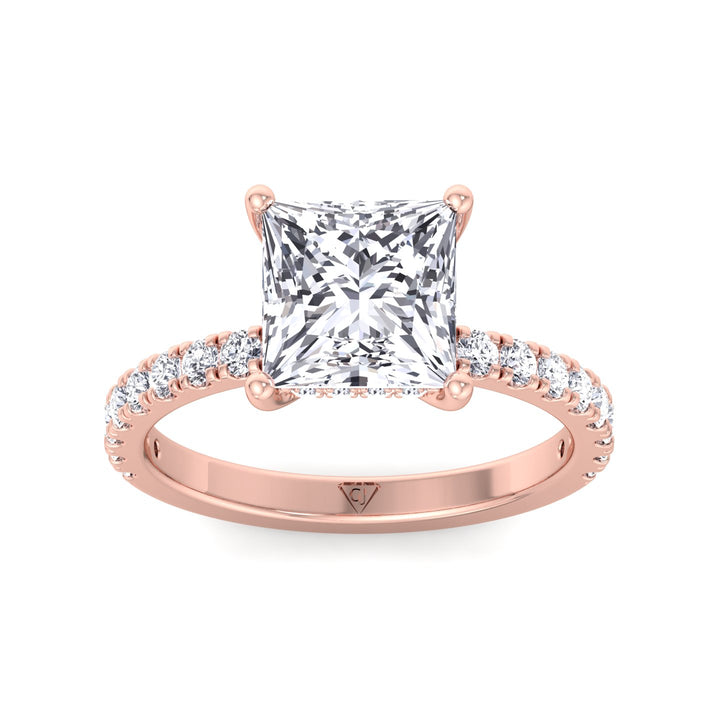 Madella - Princess Shape Hidden Halo Diamond Engagement Ring with Pave Band
