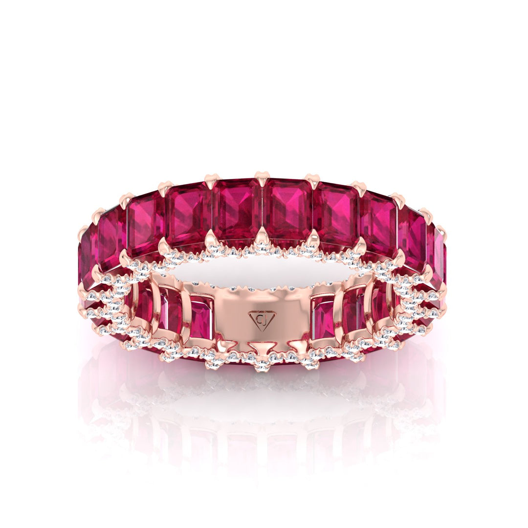 Emerald Cut Natural Red Ruby Eternity Band with Invisible Halo